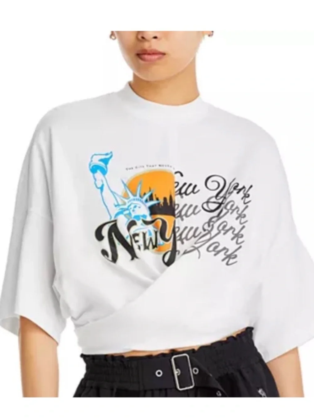 3.1 Phillip Lim We Are NY Graphic Print Crew Neck Wrap Front Tee Sz XS - Picture 2 of 11